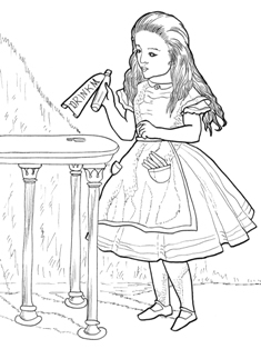 テーブルの瓶とアリスの塗り絵 不思議の国のアリスのイラスト