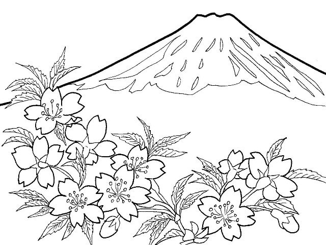 富士と桜の年賀状用の塗り絵 下絵 1940年切手 大人の塗り絵ー無料新着ぬりえ