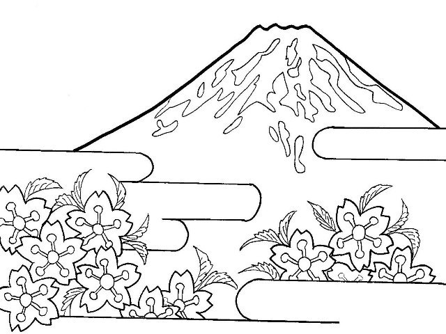 富士山と桜の年賀状用の塗り絵 下絵 1945年発行 大人の塗り絵ー無料新着ぬりえ