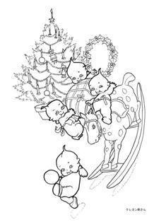 クリスマスツリー クリスマスリース 木馬で遊ぶキューピーの塗り絵 大人の塗り絵ー無料新着ぬりえ